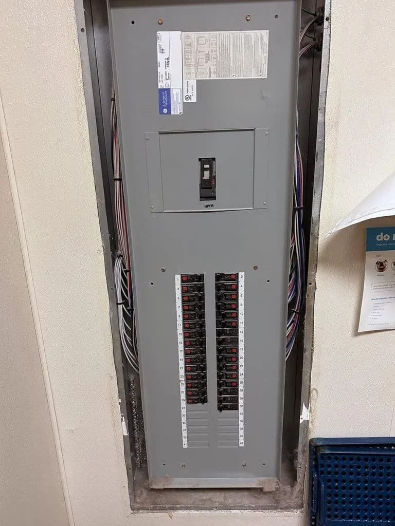 Electrical panel with multiple circuit breakers installed in a wall.