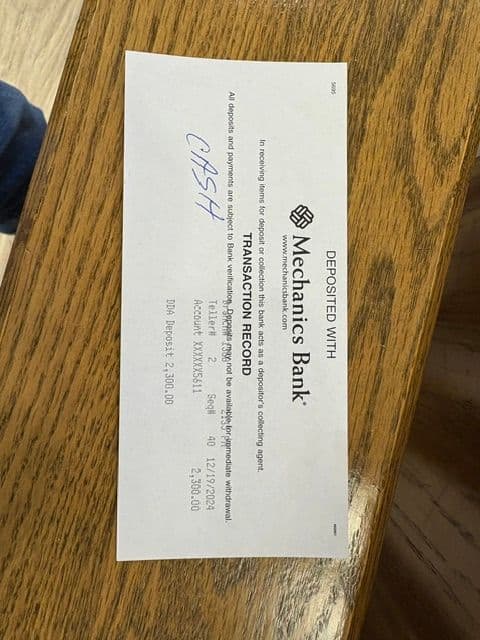 Transaction record from Mechanics Bank showing a $2,390.00 deposit.